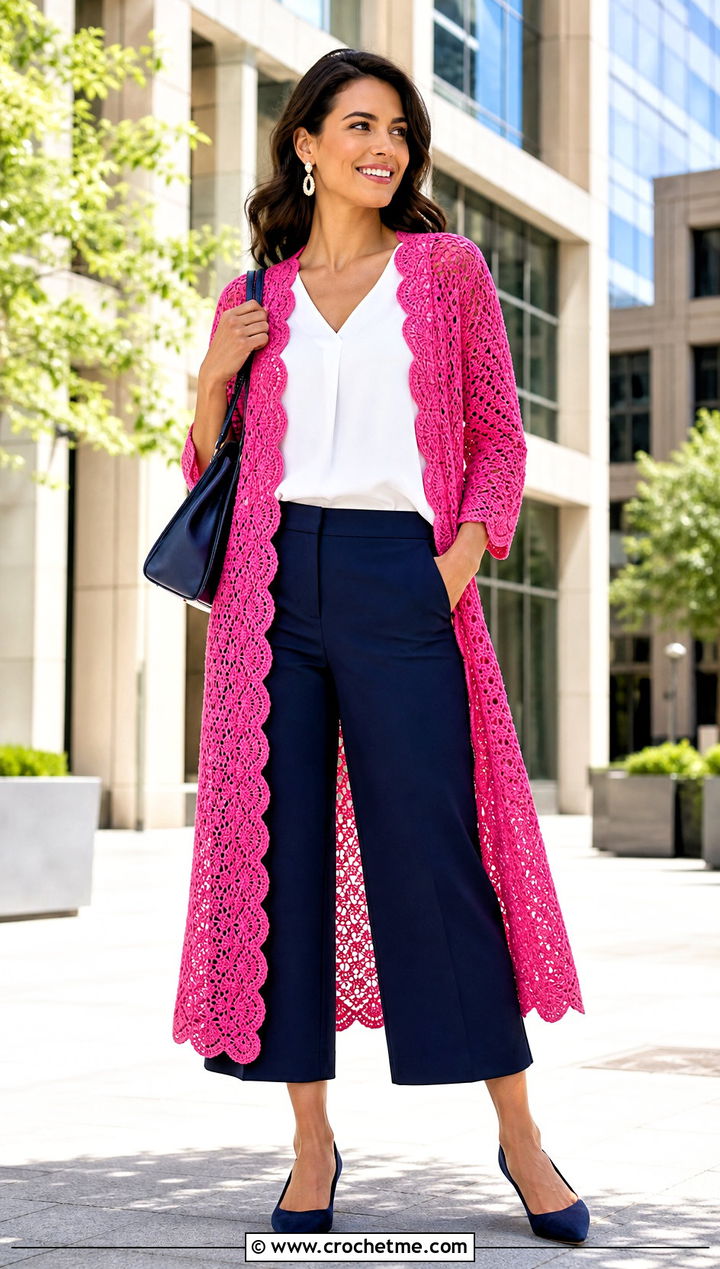 Scallop Hem Crochet Duster With Tailored Culottes - 30 crochet long cardigan sweater coats outfit ideas