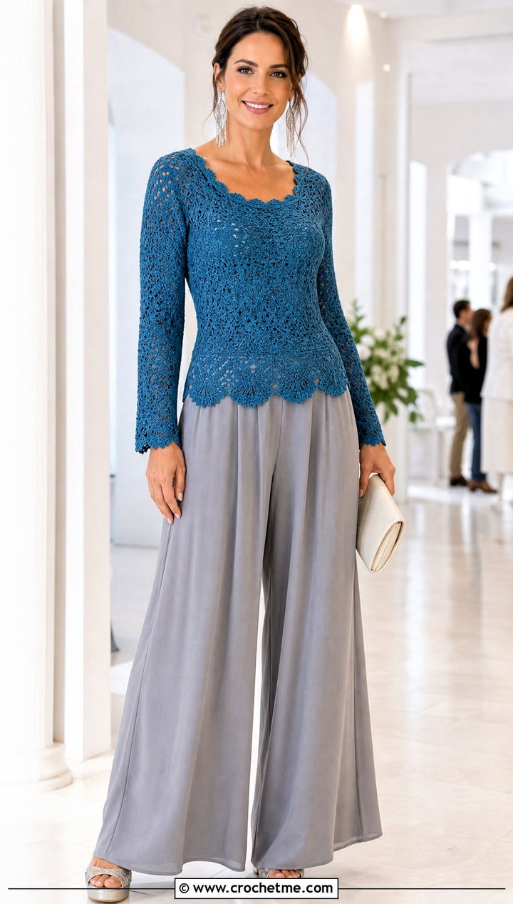 Scallop Hem Crochet Fitted Sweater With Palazzo Pants - 30 crochet fitted sweater outfit ideas