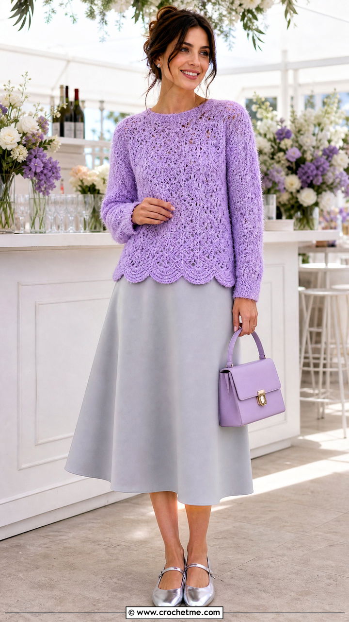 Scallop Hem Crochet Fluffy Sweater With A Line Midi Skirt - 35 crochet fluffy sweater outfit ideas