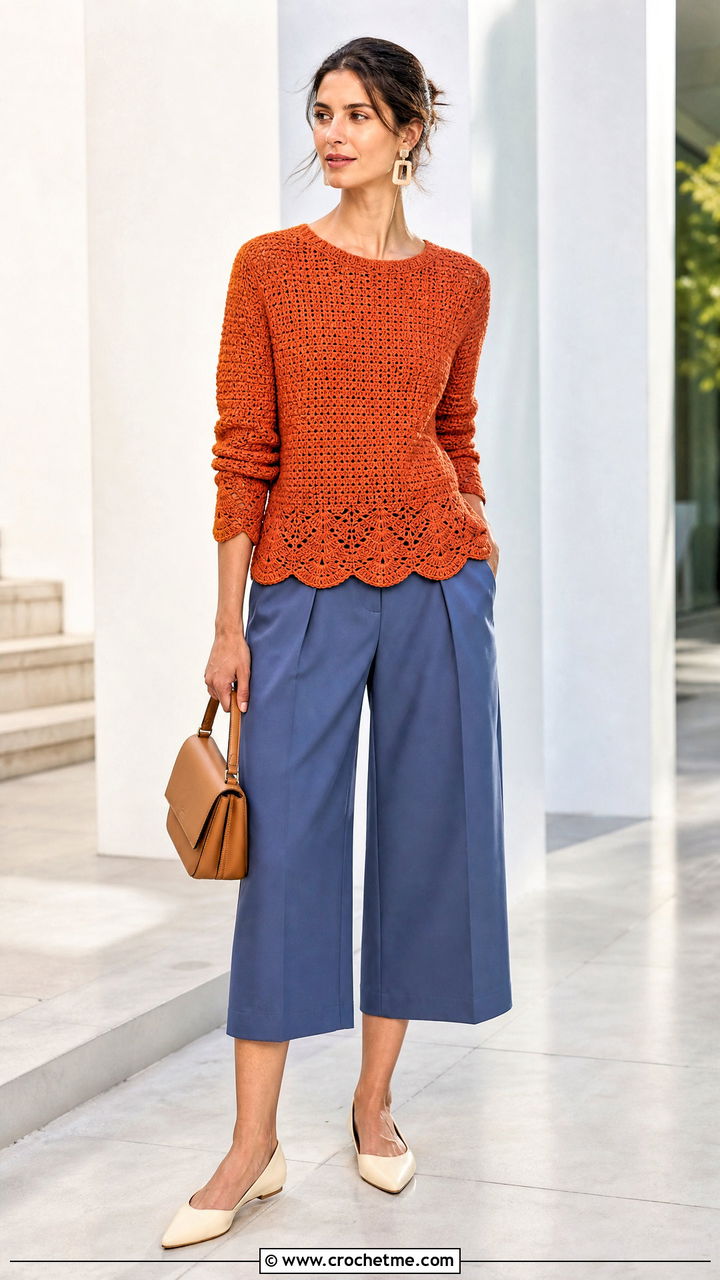 Scallop Hem Crochet Jumper With Culottes - 35 crochet jumper outfit ideas