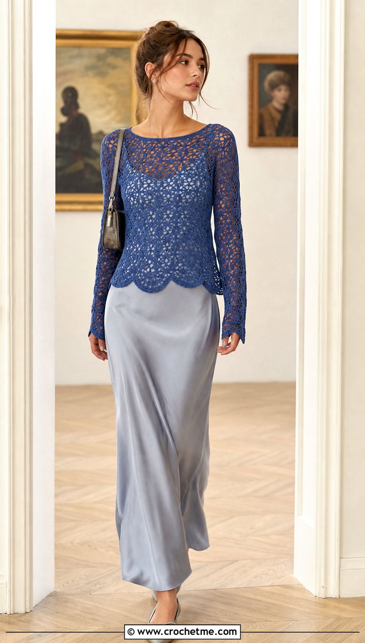Scallop Hem Crochet Sweater With Bias Cut Maxi Skirt - 25 y2k crochet sweater outfit ideas