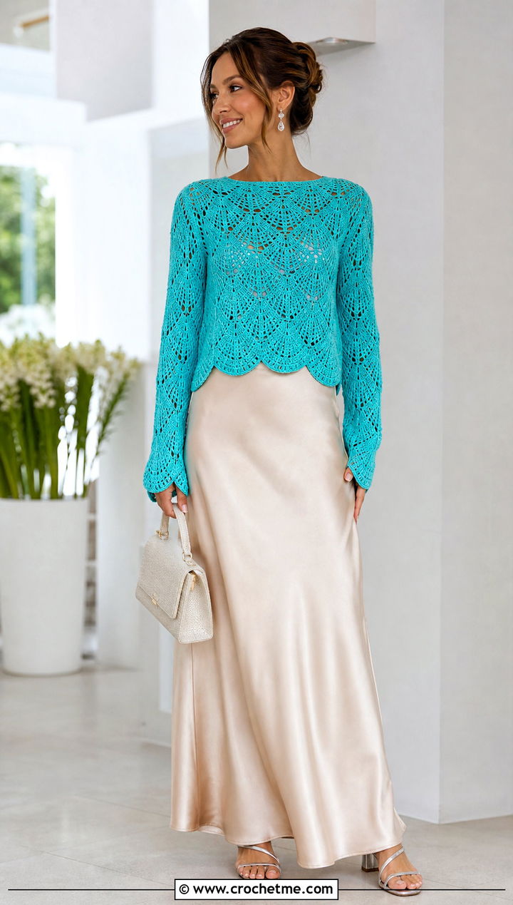 Scallop Hem Crochet Sweater With Satin Maxi Skirt - 15 old navy crochet sweater outfit ideas