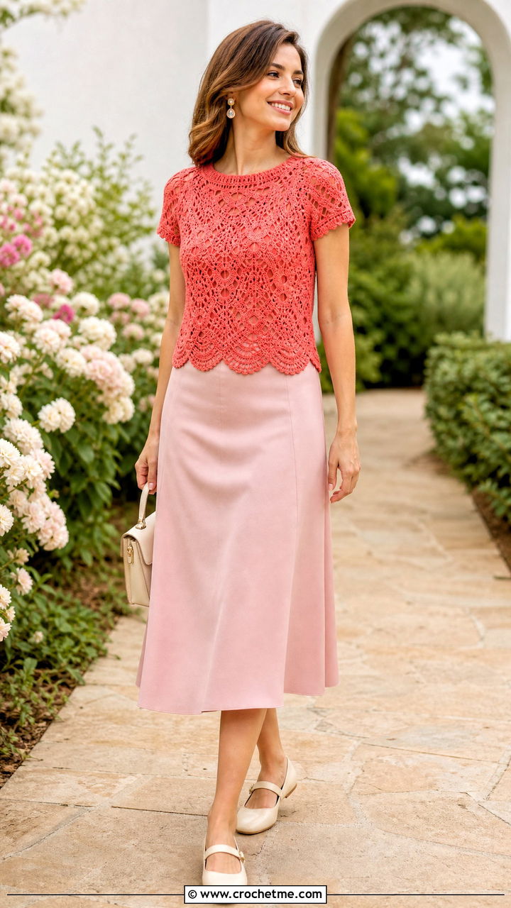 Scallop Hem Crochet Top With an A Line Skirt - 35 crochet tops ideas