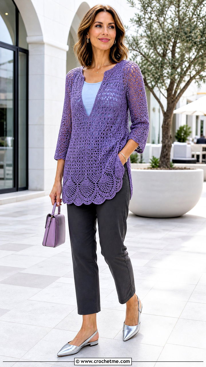Scallop Hem Crochet Tunic With Cropped Pants - 35 crochet tunic outfit ideas