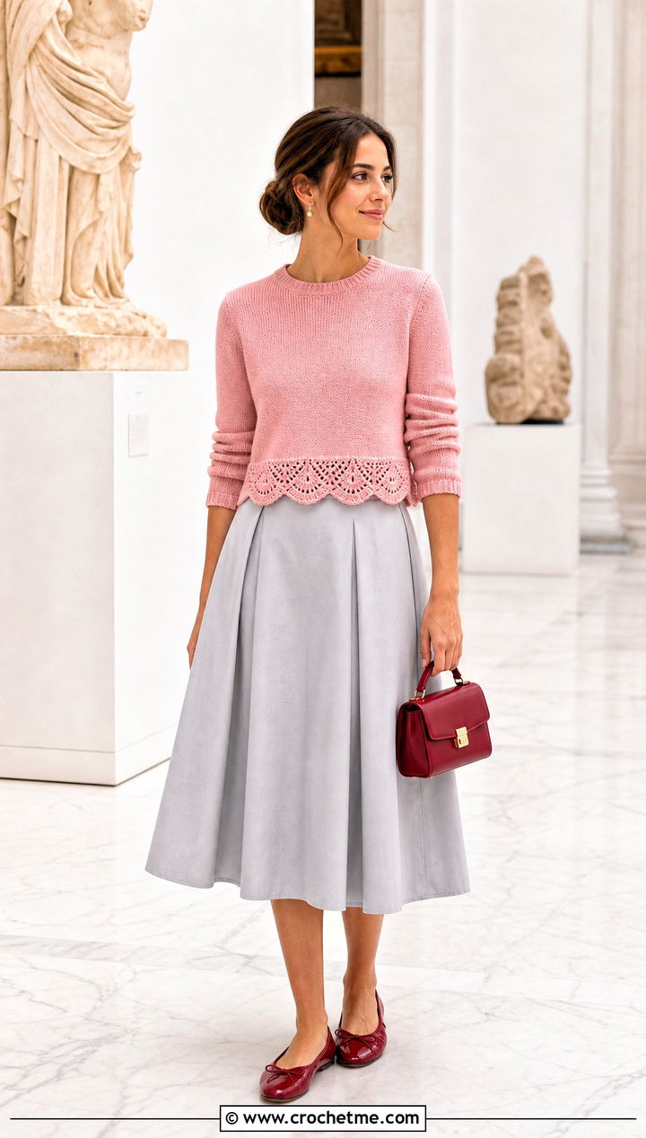 Scallop Hem Cropped Sweater With A Line Midi Skirt - 30 crocheted cropped sweater outfit ideas