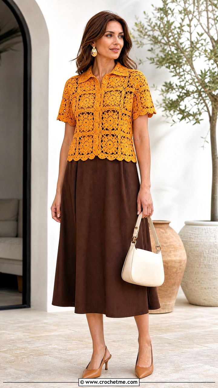 Scallop Hem Granny Square Shirt With A Line Skirt - 35 granny square shirt outfit ideas