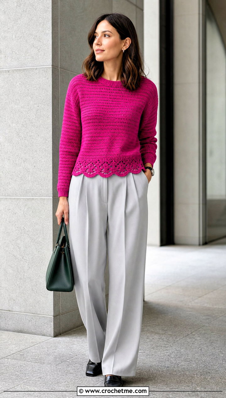 Scallop Hem Round Neck Crochet Sweater With Pleated Trousers - 15 crochet round sweater outfit ideas