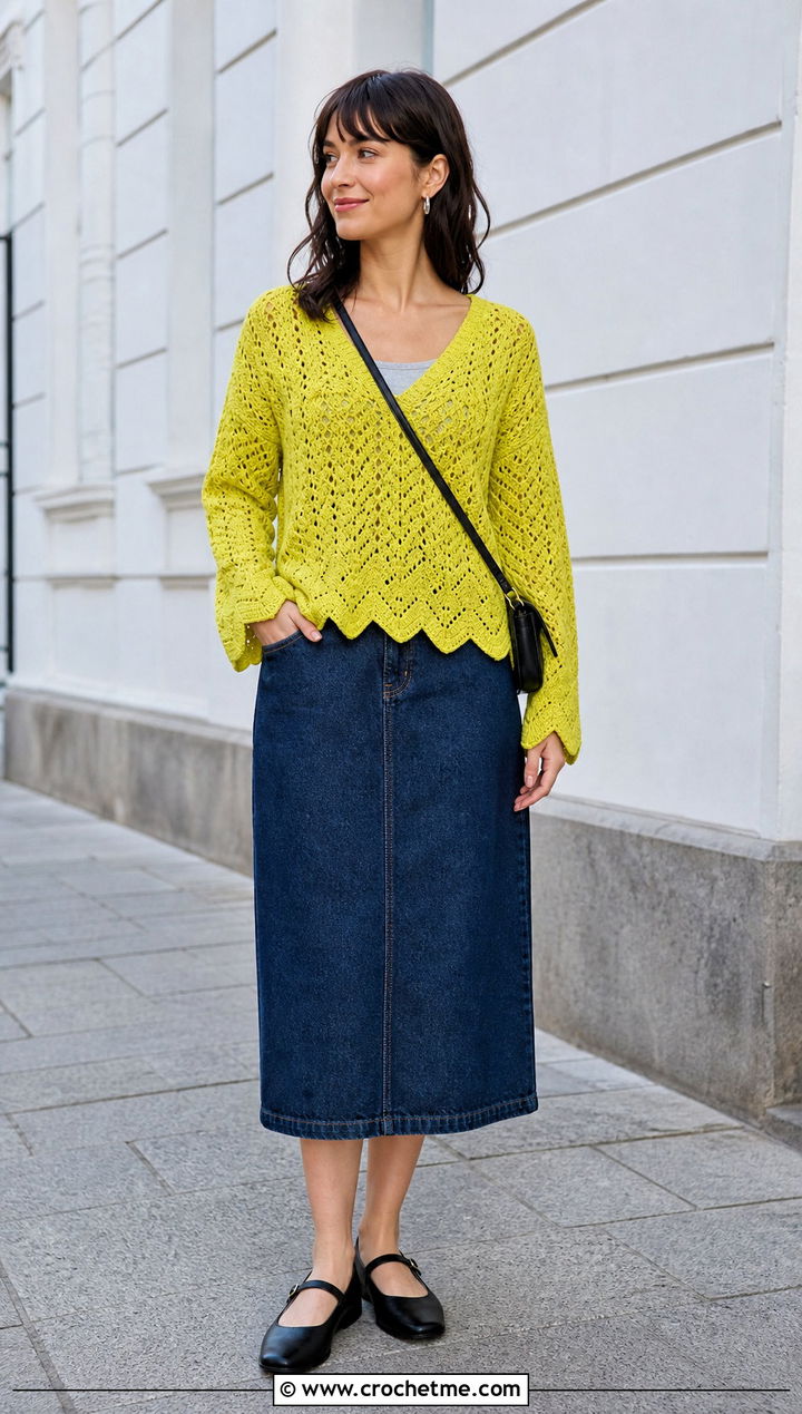 Scallop Hem V Stitch Crochet Sweater With Denim Midi Skirt - 25 V Stitch Crochet Sweater outfit ideas