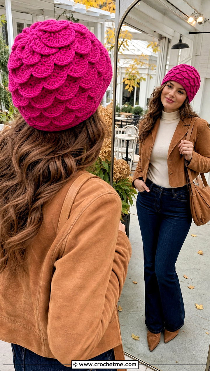 Scallop Shell Crochet Beanie With Suede Jacket And Jeans - 30 crochet lace beanie outfit ideas