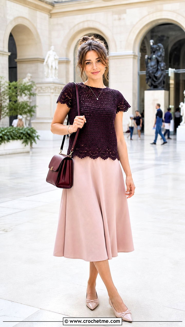 Scallop Sleeve Crochet Tee With A Line Midi Skirt - 35 crochet tee shirt outfit ideas