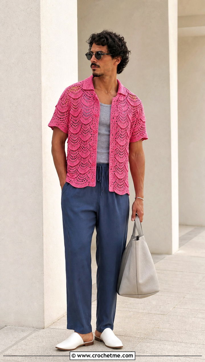 Scallop Stitch Crochet Mesh Shirt With Drawstring Trousers - 25 Men Crochet Mesh Shirt outfit ideas