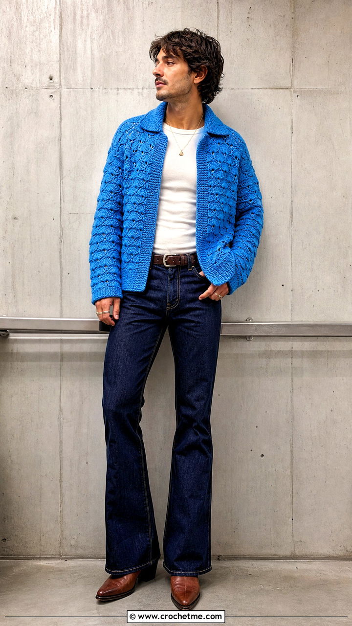 Scallop Stitch Crochet Sweater With Western Pants - 35 crochet mens sweater outfit ideas