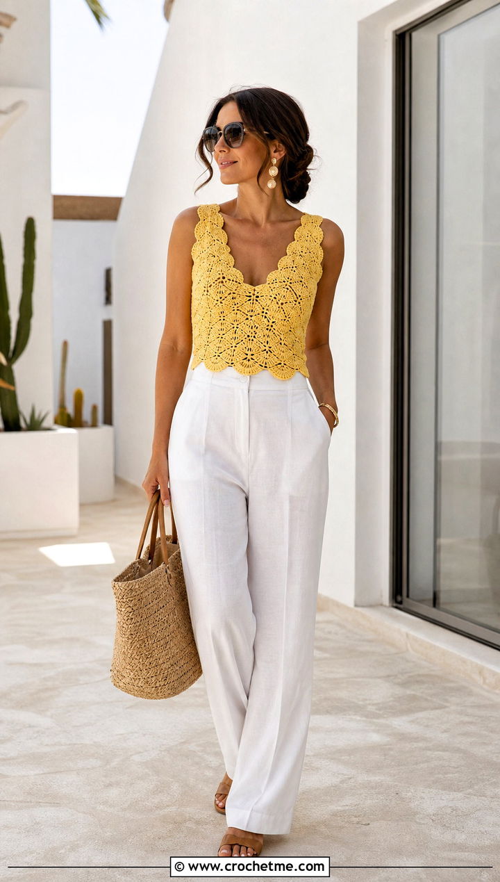 Scallop Stitch Mermaid Crochet Top With Linen Trousers - 15 mermaid crochet top outfit ideas