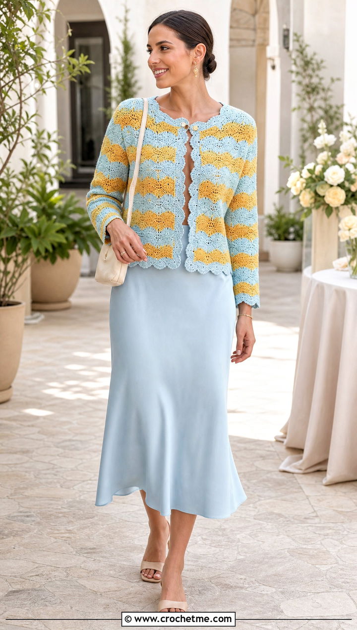 Scallop Stripe Crochet Cardigan With Bias Cut Skirt - 35 crochet striped cardigan outfit ideas