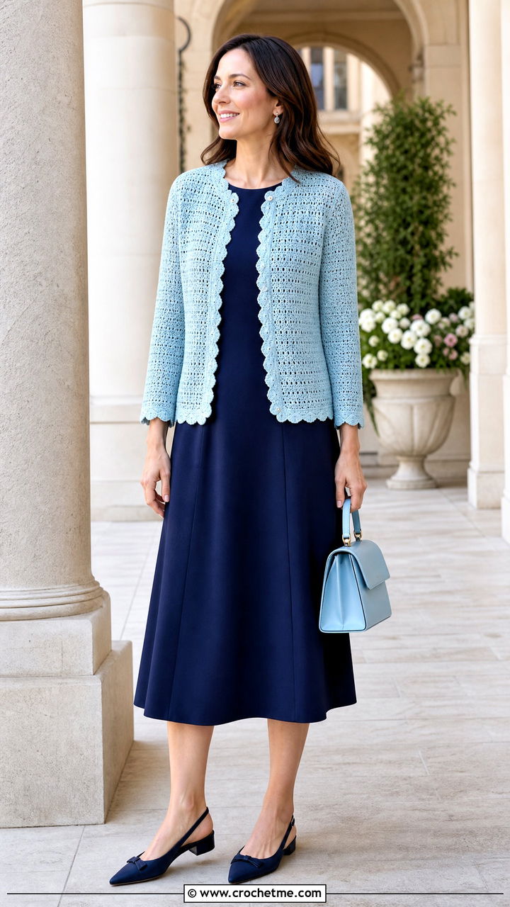 Scallop Trim Crochet Cardigan With Midi Dress - 35 cute crochet cardigan outfit ideas
