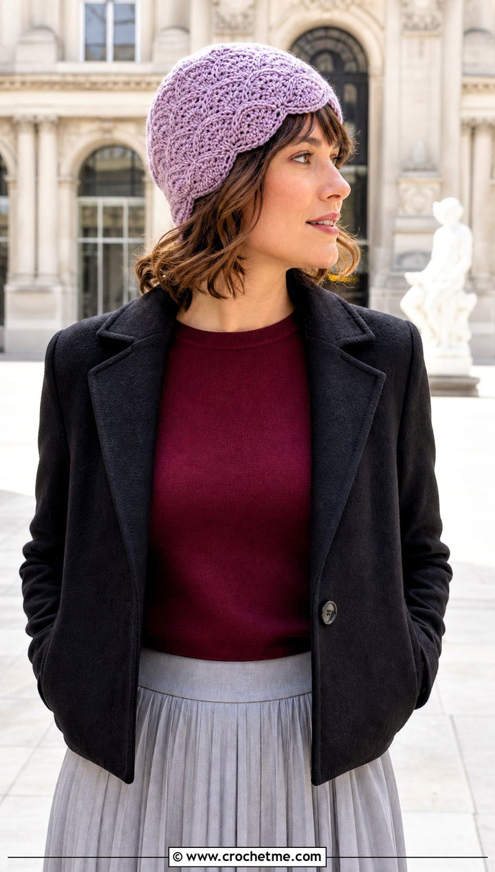 Scallop Wave Crochet Beanie With Midi Skirt - 20 Wavy Crochet Beanie outfit ideas