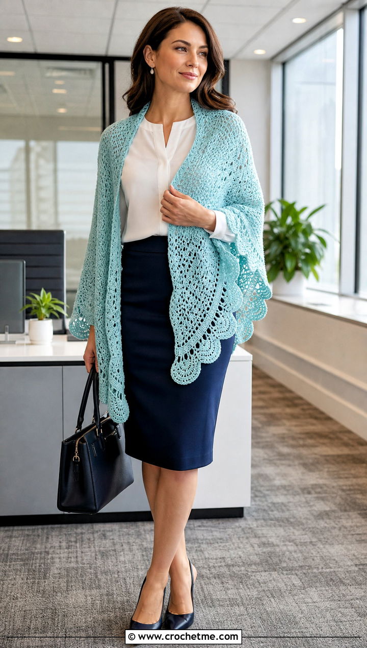 Scalloped Skein Crochet Shawl With Blouse And Pencil Skirt - 15 Easy 1 Skein Crochet Shawl outfit ideas