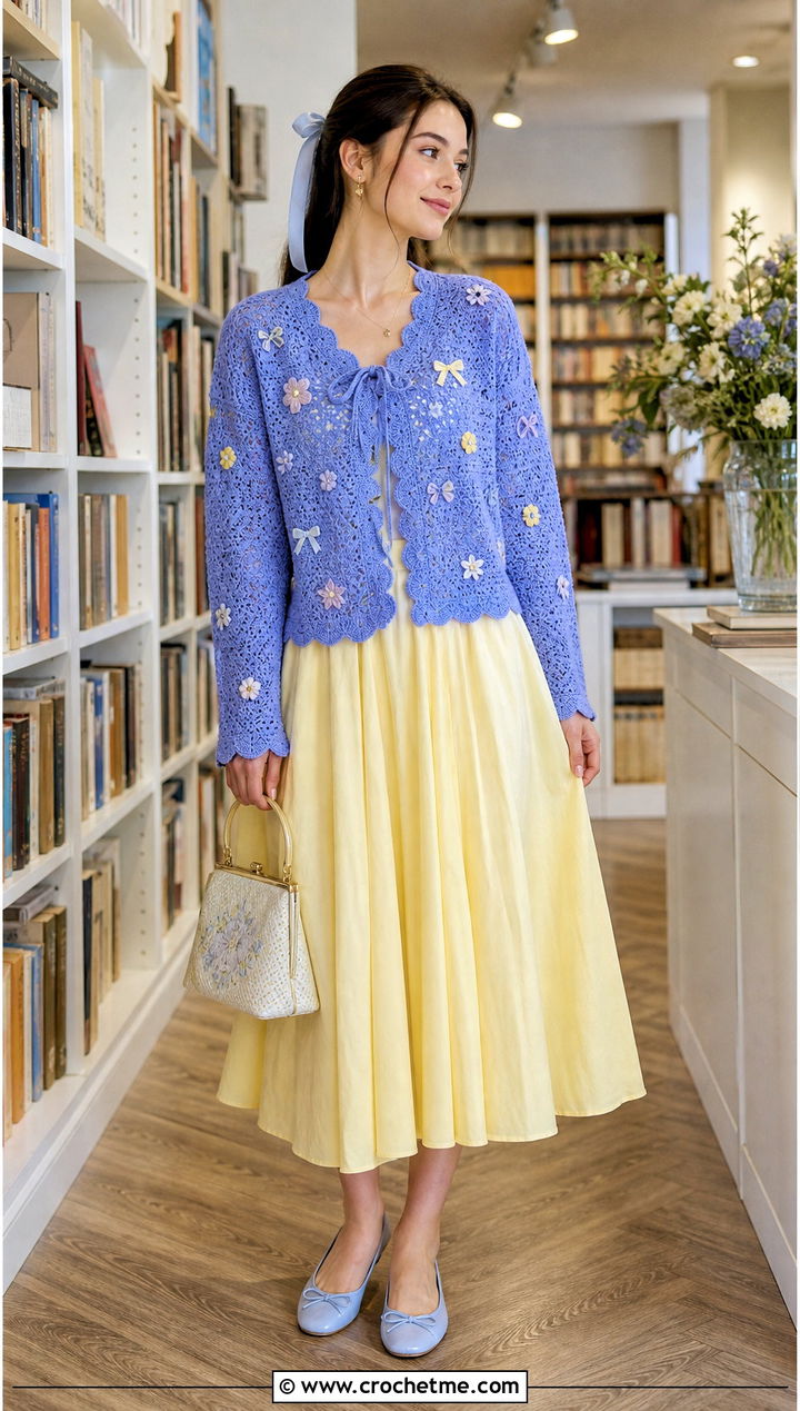 Scalloped Anime Crochet Cardigan With Tea Length Skirt - 30 anime crochet cardigan outfit ideas