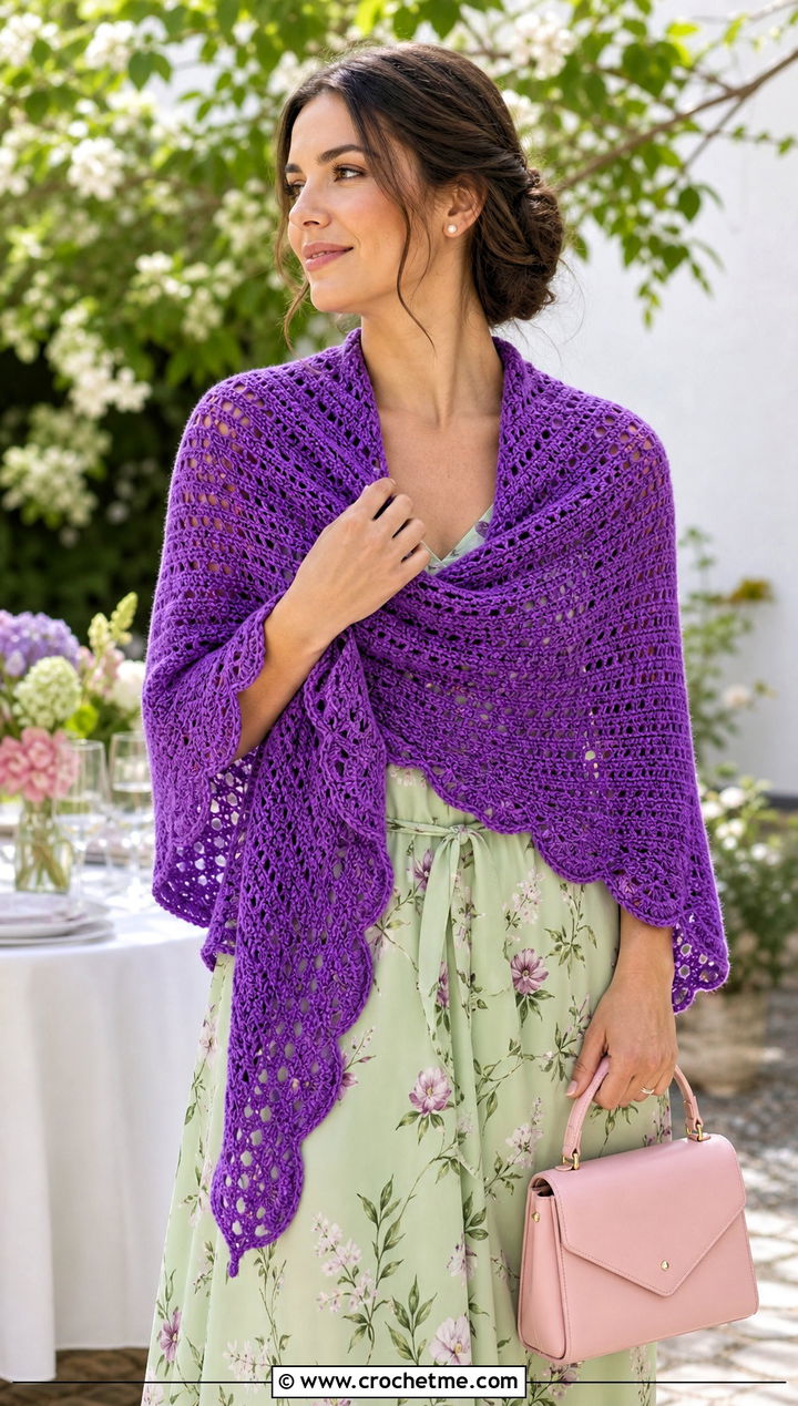 Scalloped Asymmetrical Crochet Shawl With Floral Midi Dress - 30 asymmetrical crochet shawl outfit ideas