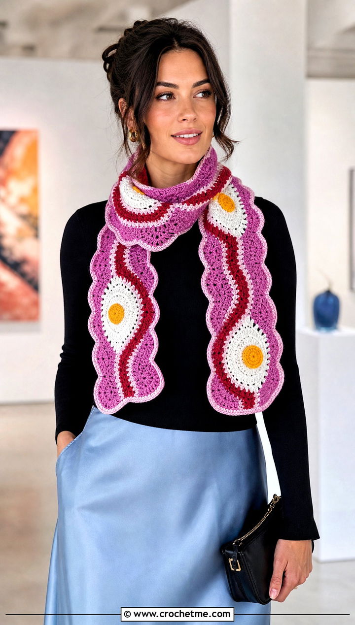 Scalloped Bacon And Eggs Scarf With Midi Skirt - 20 Crochet Bacon And Eggs Scarf outfit ideas