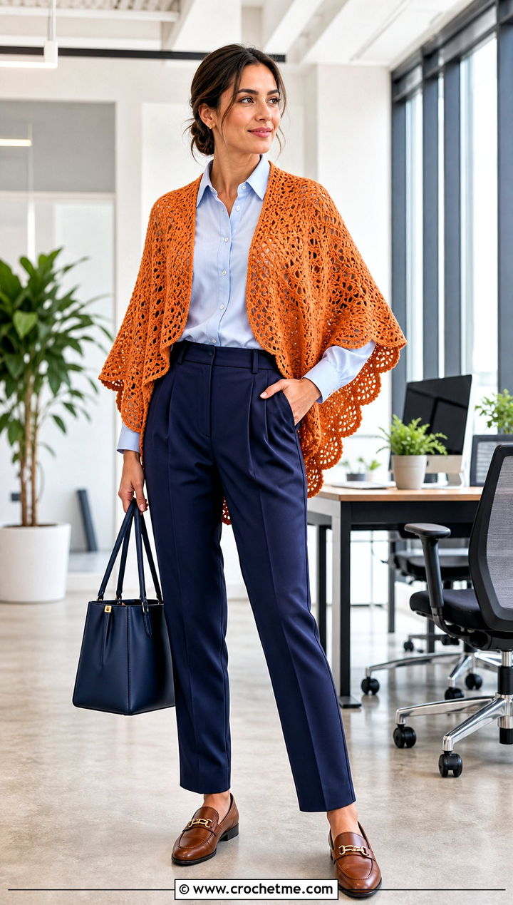 Scalloped Bat Wing Crochet Shawl With Pleated Trousers - 25 bat wing crochet shawl outfit ideas