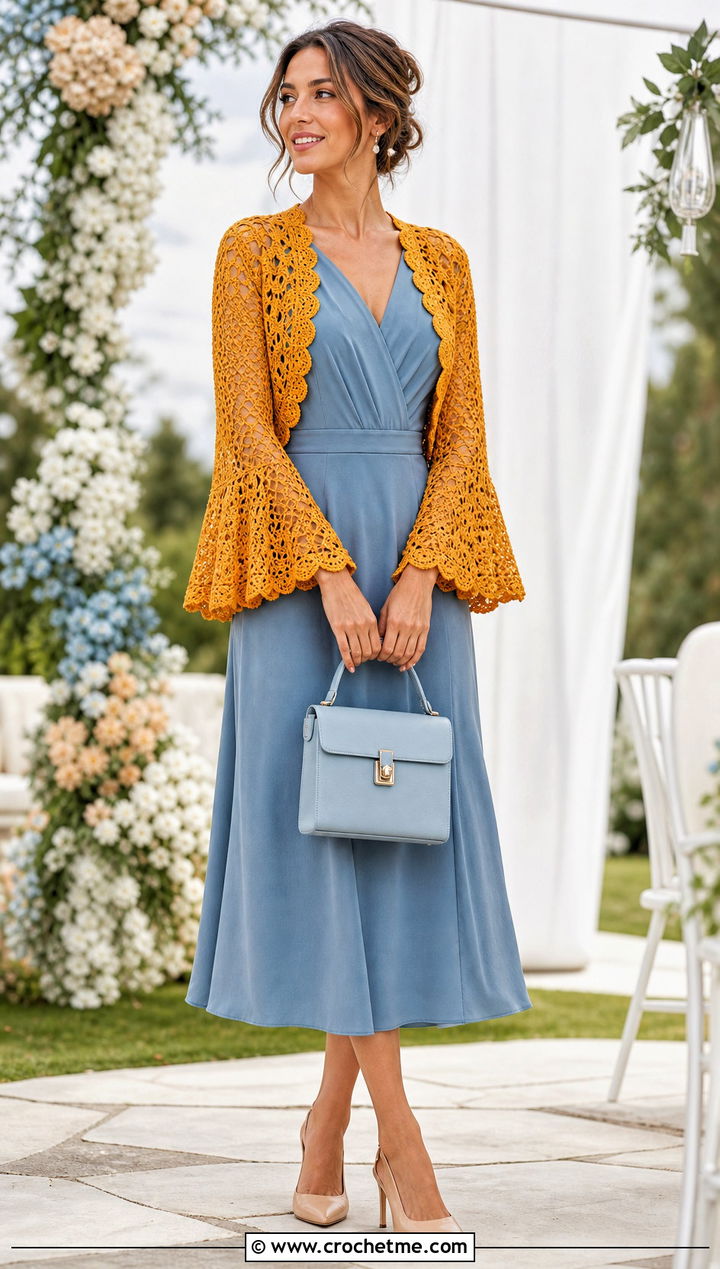 Scalloped Bell Sleeve Crochet Shrug With Midi Dress - 35 crochet lace shrug outfit ideas