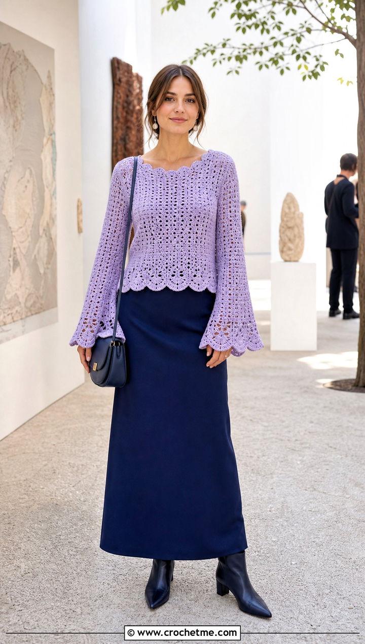 Scalloped Bell Sleeve Crochet Sweater With Maxi Skirt - 25 bell sleeve crochet sweater outfit ideas