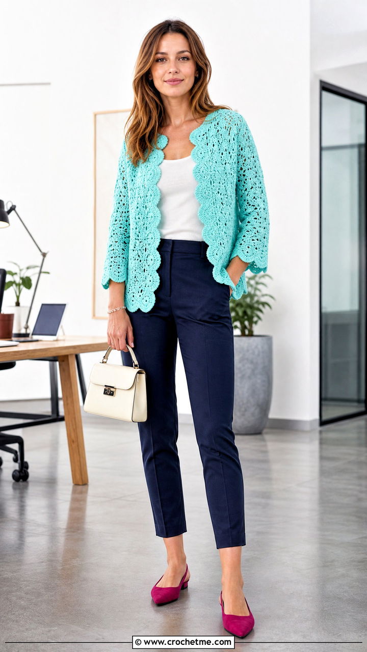 Scalloped Boho Crochet Cardigan With Cigarette Pants - 35 Boho Crochet Cardigan outfit ideas