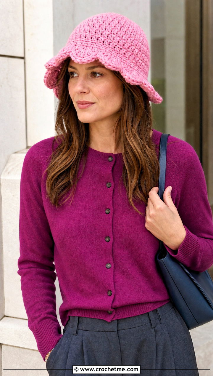 Scalloped Brim Chunky Crochet Bucket Hat With Cardigan And Trousers - 25 Chunky Crochet Bucket Hat outfit ideas