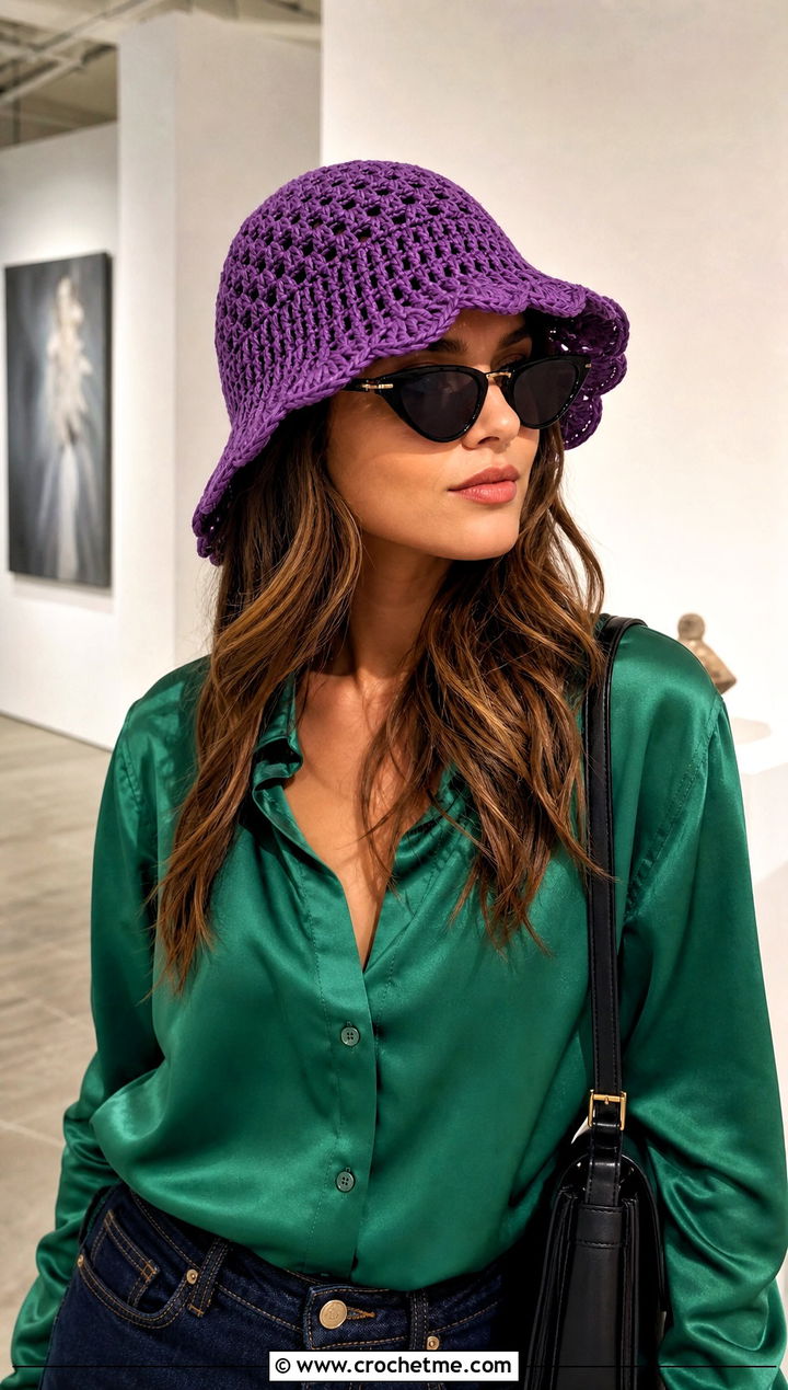 Scalloped Brim Crochet Adult Bucket Hat With Satin Shirt And Jeans - 25 crochet adult bucket hat outfit ideas