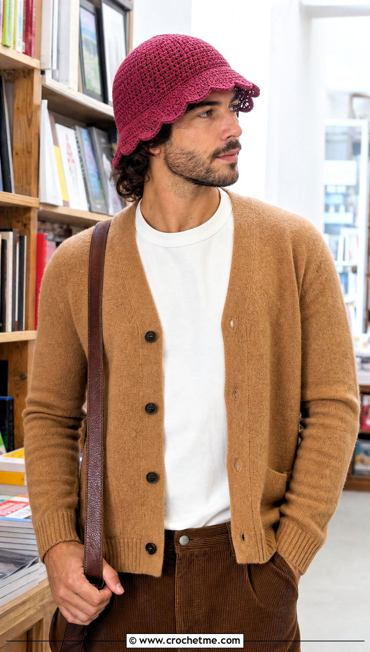 Scalloped Brim Crochet Bucket Hat With Cardigan And Corduroy Pants - 30 crochet bucket hat men outfit ideas