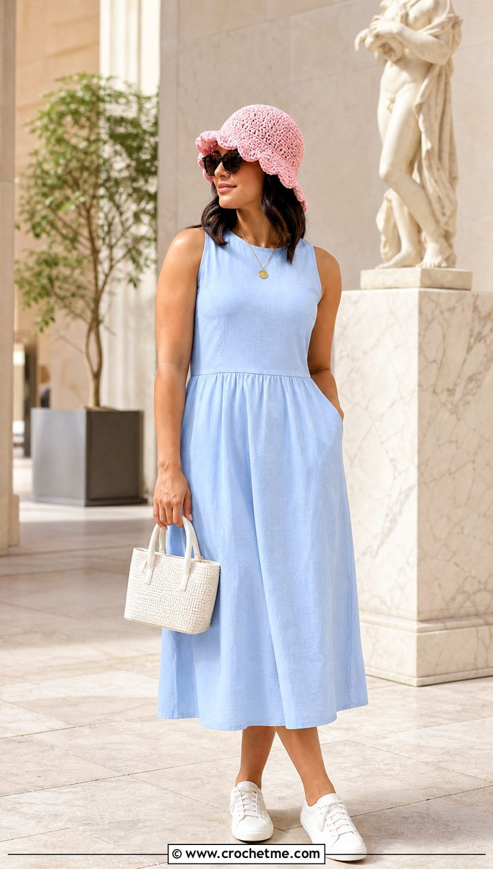 Scalloped Brim Crochet Bucket Hat With Midi Dress - 35 cute crochet hat ideas