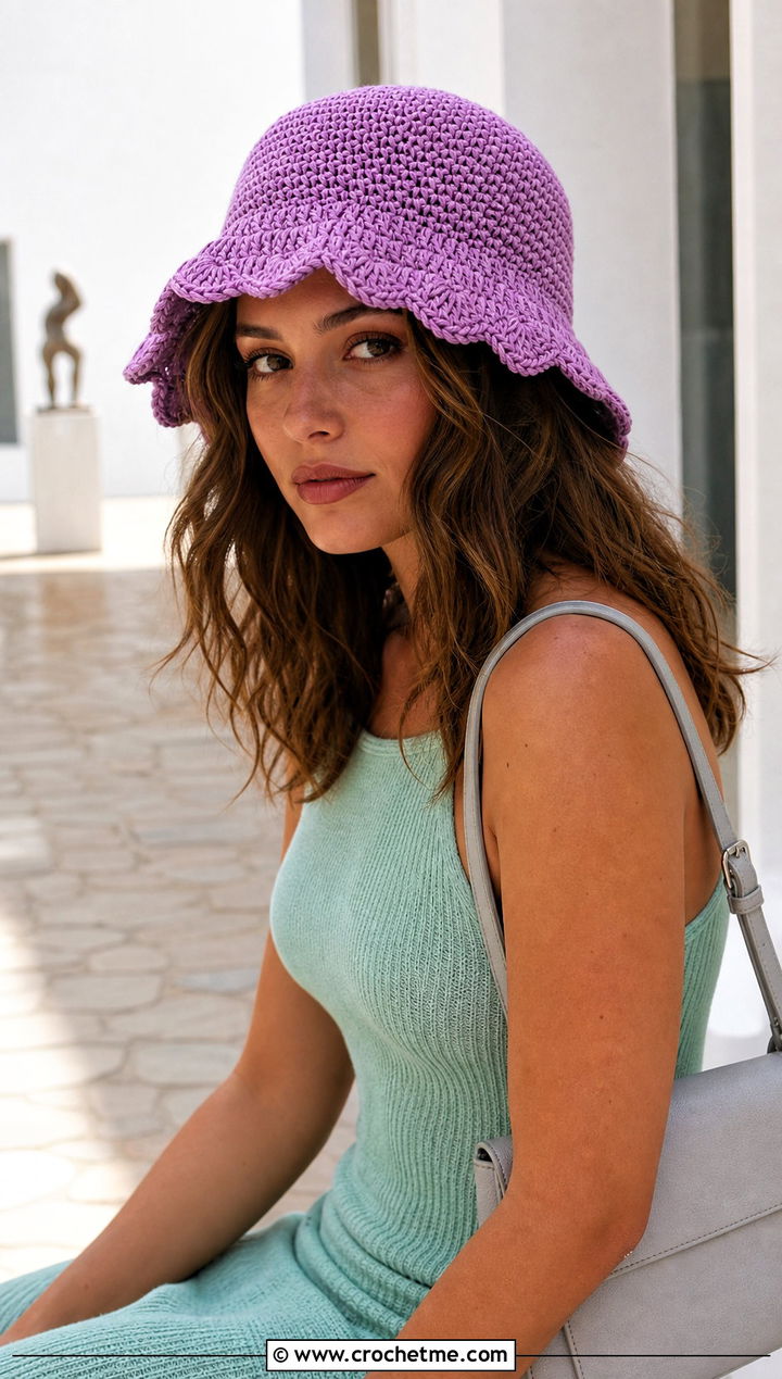 Scalloped Brim Crochet Bucket Hat With Midi Dress - 25 Crochet Bucket Hat Design Ideas