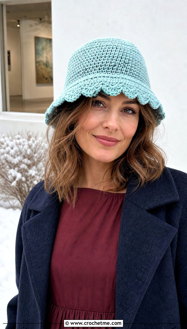 Scalloped Brim Crochet Bucket Hat With Midi Dress - 35 crochet winter bucket hat outfit ideas