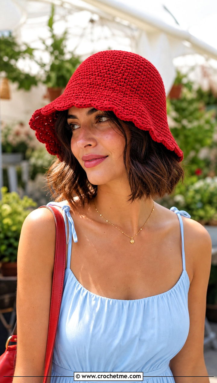 Scalloped Brim Crochet Bucket Hat With Sundress - 25 Easy Crochet Bucket Hats outfit ideas