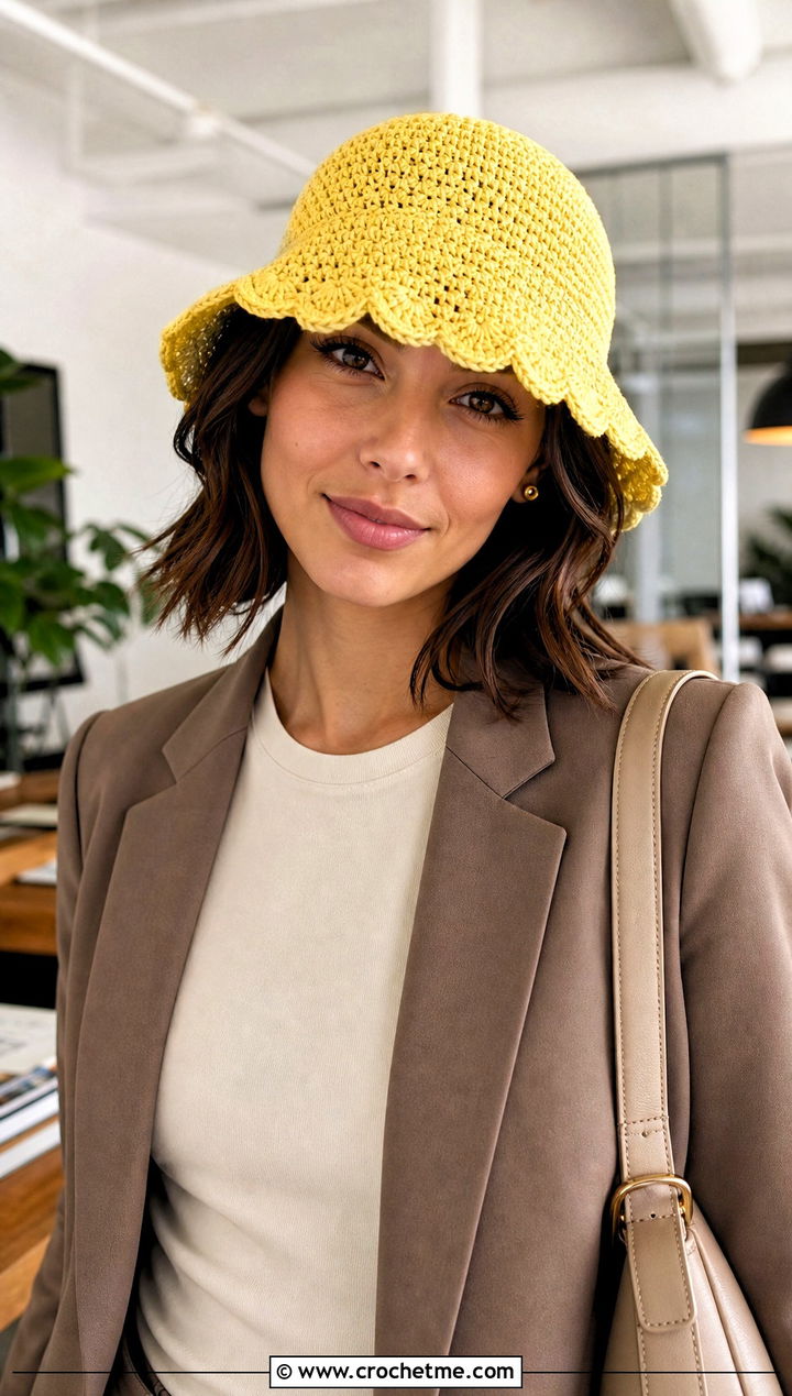 Scalloped Brim Crochet Bucket Hat With Wide Leg Trousers - 25 Crochet Cute Bucket Hat outfit ideas