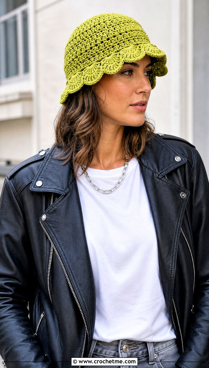 Scalloped Brim Crochet Chemo Cloche With Leather Jacket - 30 crochet chemo hat outfit ideas