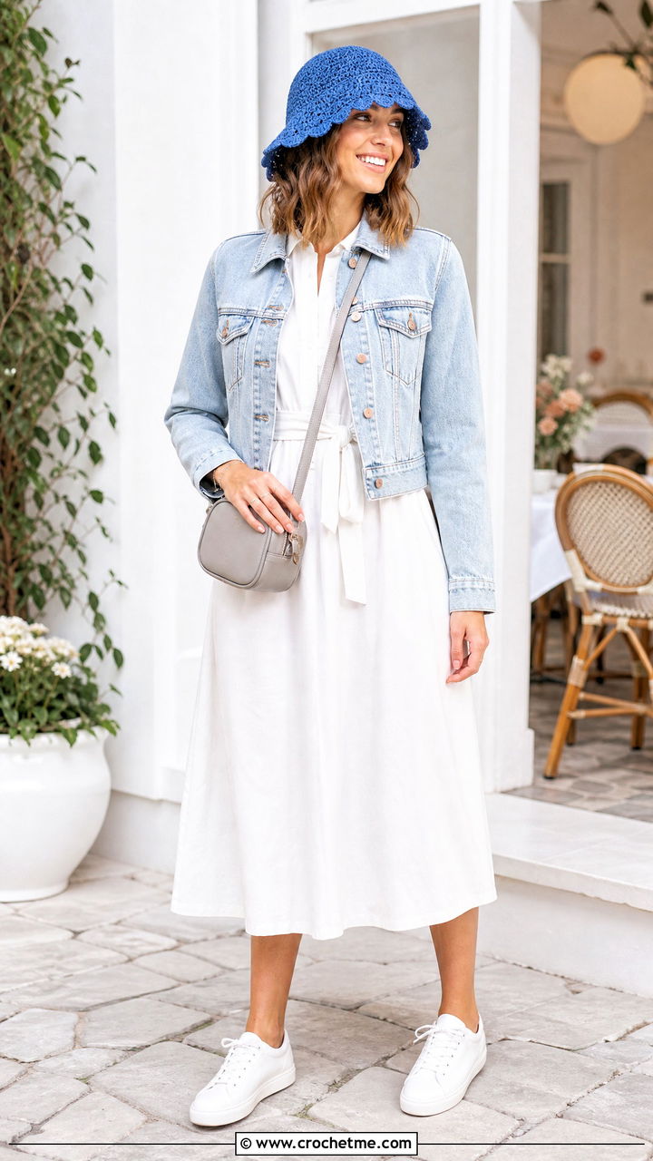 Scalloped Brim Crochet Cloche Hat With Midi Dress And Sneakers - 35 crochet cloche hat outfit ideas