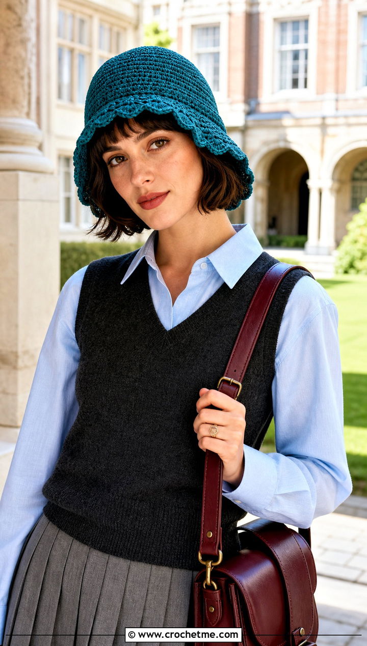 Scalloped Brim Crochet Cloche Hat With Pleated Skirt - 25 flapper style crochet cloche hat outfit ideas