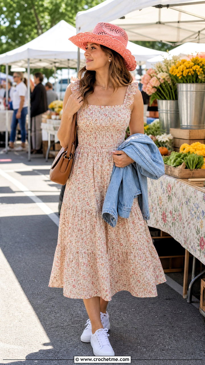 Scalloped Brim Crochet Cowboy Hat With Floral Midi Dress - 35 crochet cowboy hat outfit ideas
