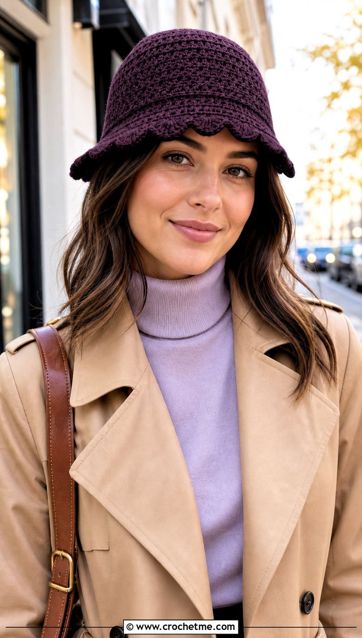Scalloped Brim Crochet Derby Hat With Trench Coat - 25 Crochet Derby Hat outfit ideas