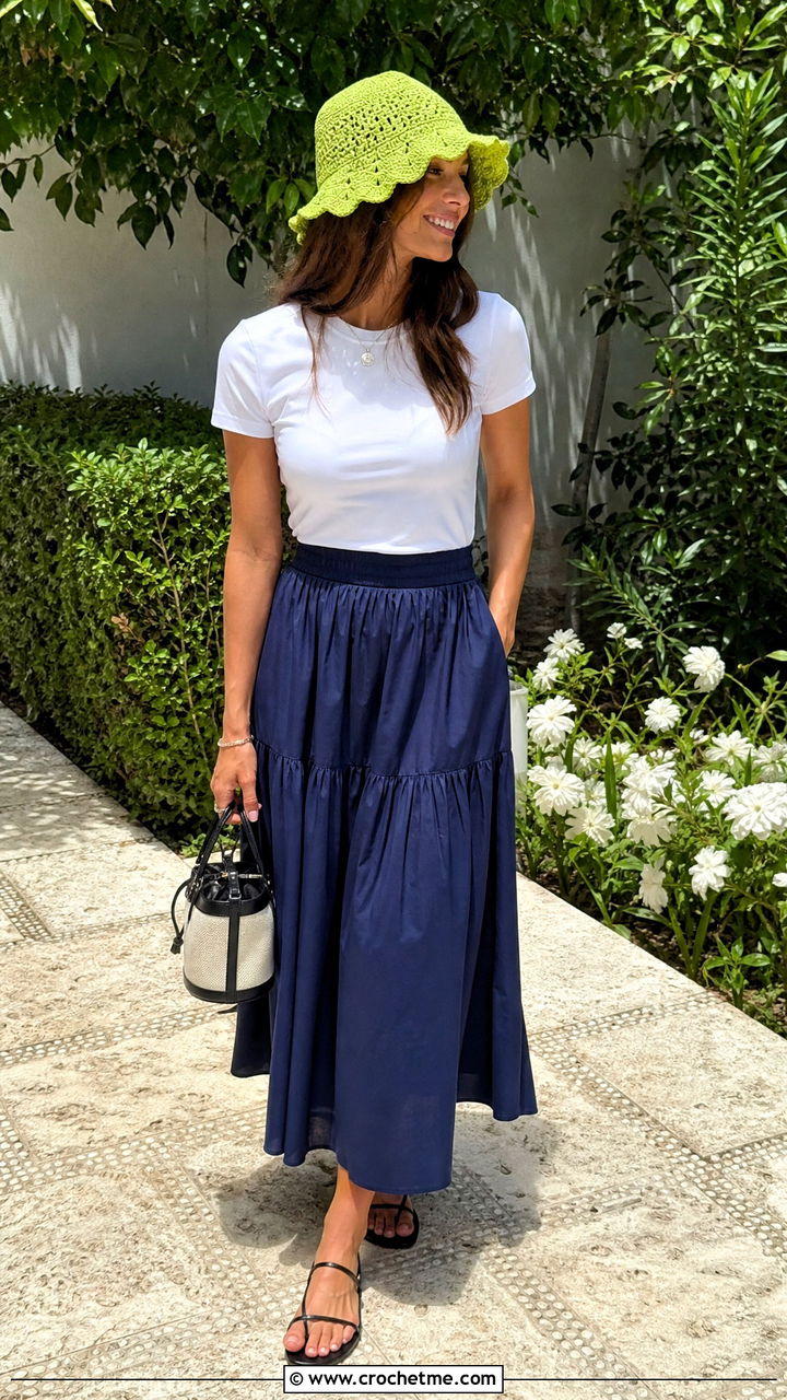 Scalloped Brim Crochet Hat With A Midi Skirt - 35 easy crochet hats outfit ideas