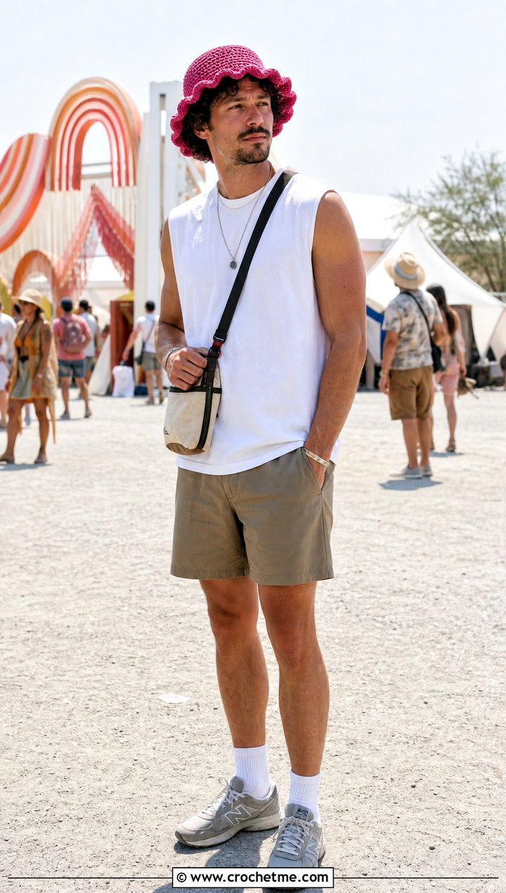 Scalloped Brim Crochet Hat With Festival Outfit - 35 crochet hats men outfit ideas