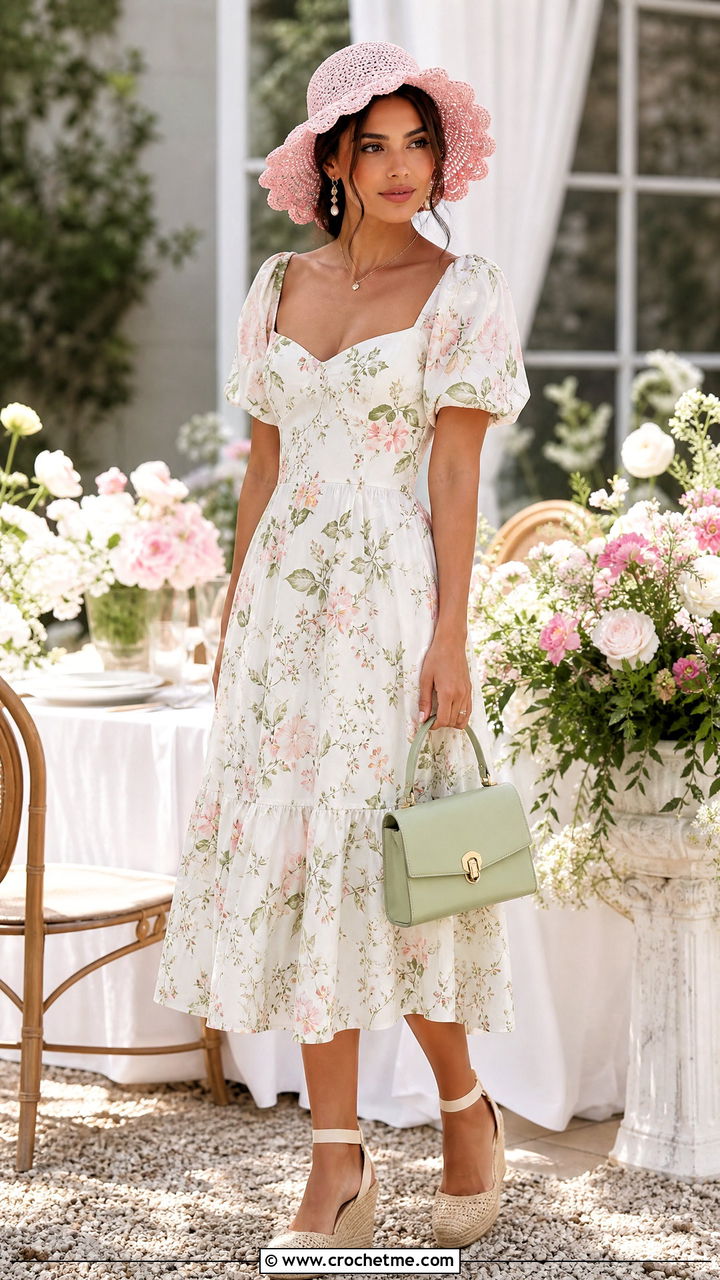 Scalloped Brim Crochet Hat With Floral Midi Dress - 35 crochet summer hats outfit ideas