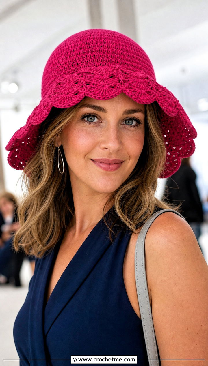 Scalloped Brim Crochet Hat With Jumpsuit - 25 Easy Crochet Hats With Brim outfit ideas