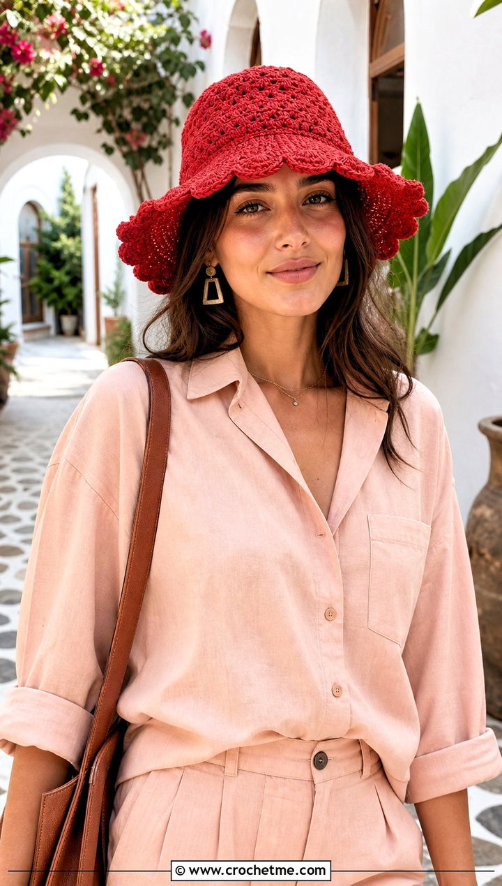 Scalloped Brim Crochet Hat With Matching Set - 25 crochet brimmed hat outfit ideas