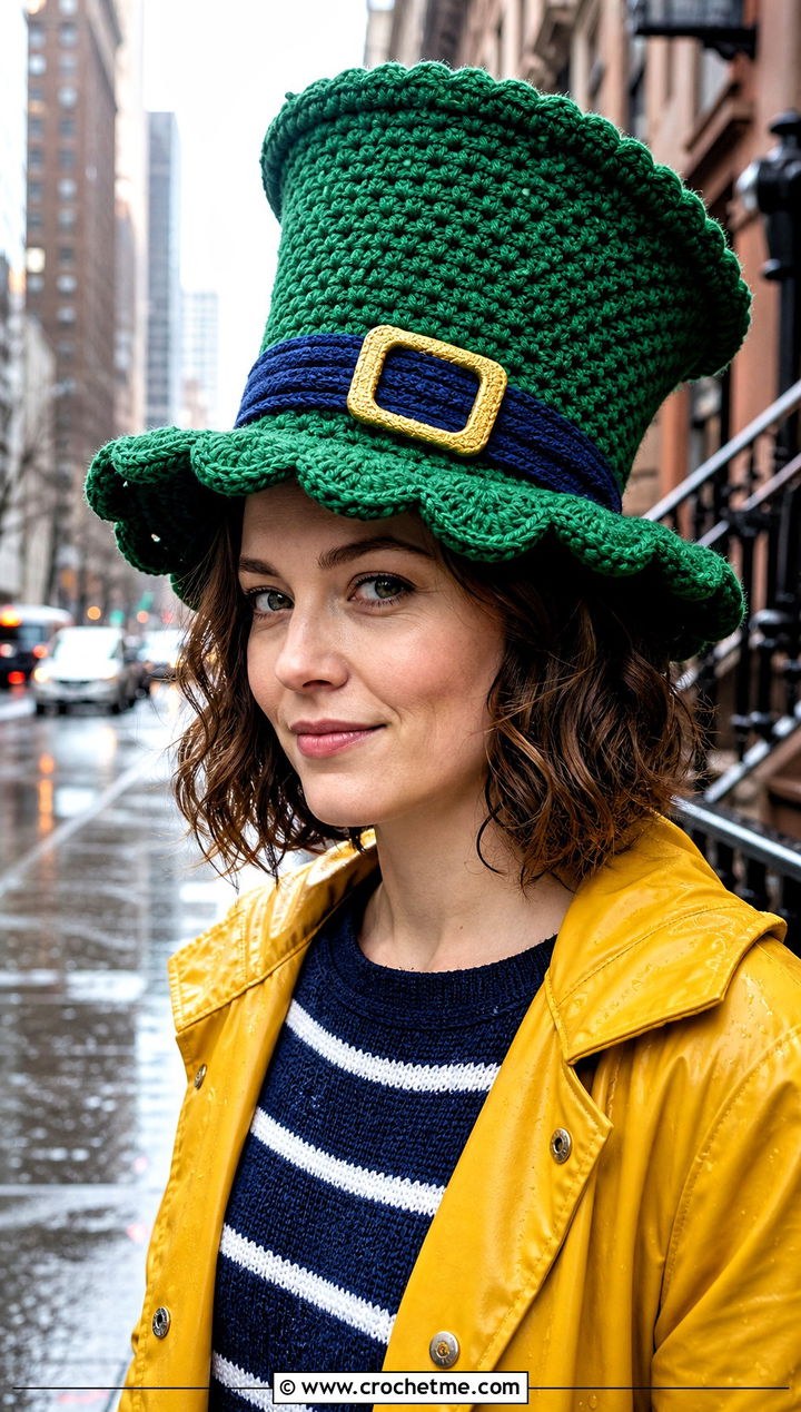 Scalloped Brim Crochet Leprechaun Top Hat With Raincoat - 20 Crochet Leprechaun Hat outfit ideas