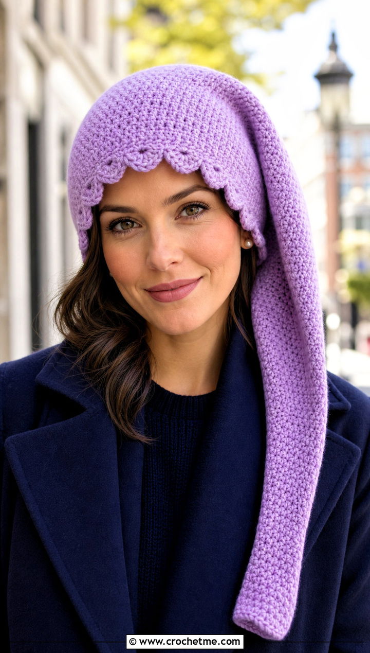 Scalloped Brim Crochet Long Stocking Cap With Pleated Trousers - 20 Crochet Long Stocking Cap outfit ideas