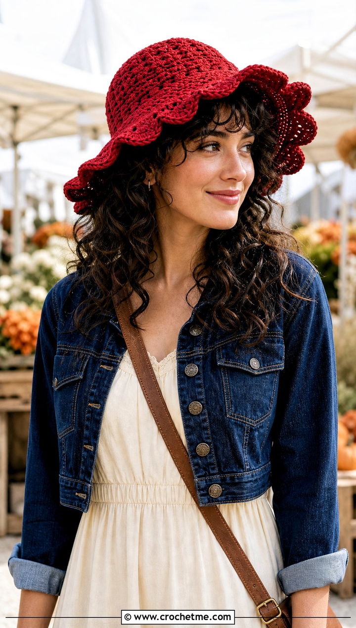 Scalloped Brim Crochet Pilgrim Hat With Midi Dress - 25 Crochet Pilgrim Hat outfit ideas