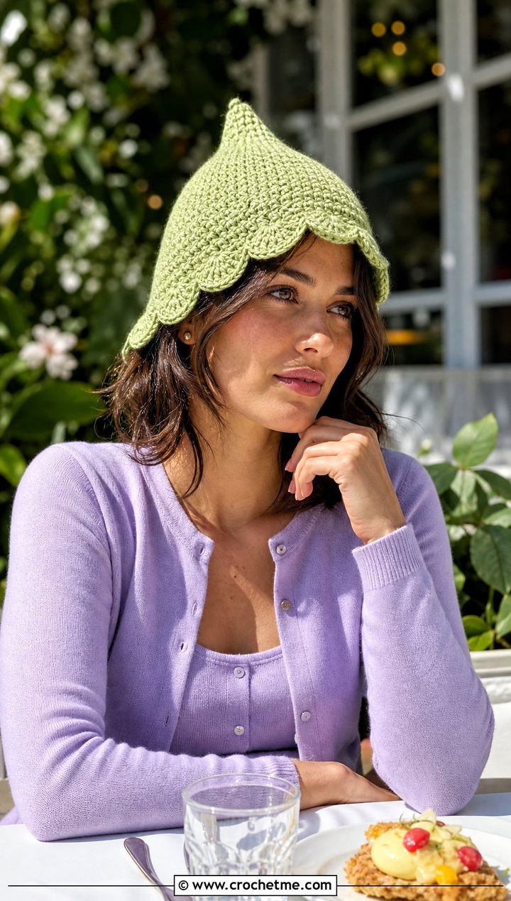 Scalloped Brim Crochet Pointed Hat With Cardigan Set - 25 Crochet Pointed Hat outfit ideas